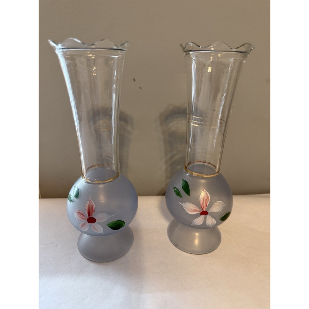Pair Of 2 Bartlett Collins Vintage Clear - Frosted Glass Vases Hand Painted 9"‎